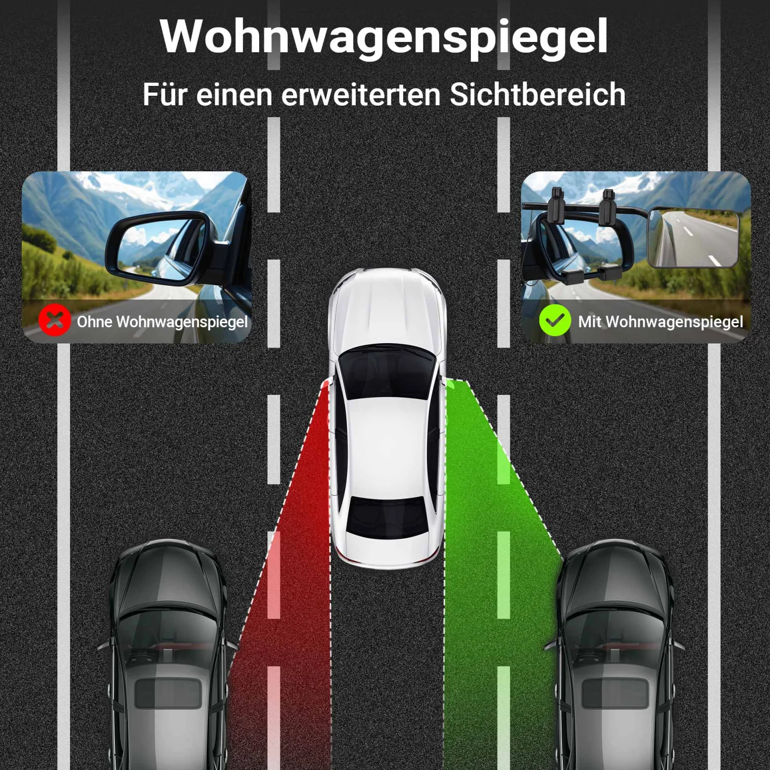 Wiltec Wohnwagenspiegel 120x180mm universal schwarz Außenspiegel für Wohnwagen und Caravan mit Gummiklemmen, stufenlos verstellbar, Aufbewahrungstasche
