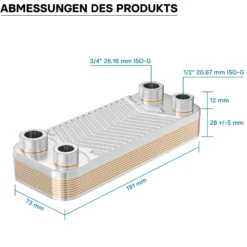 Wiltec Wärmetauscher 10 Platten, max. 22 kW, 4 m³/h 0,18 l je Durchgang, Plattenwärmetauscher aus Edelstahl als Wärmeüberträger