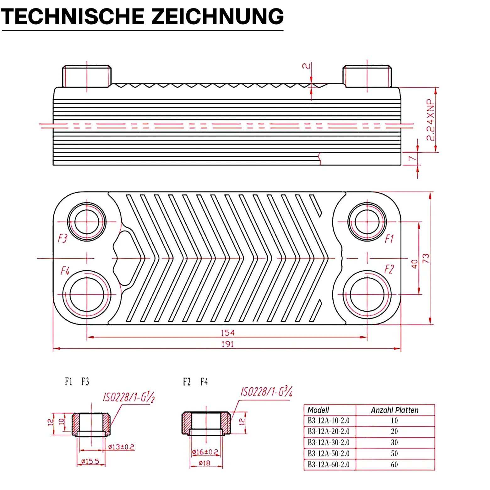 Wiltec Wärmetauscher 10 Platten, max. 22 kW, 4 m³/h 0,18 l je Durchgang, Plattenwärmetauscher aus Edelstahl als Wärmeüberträger