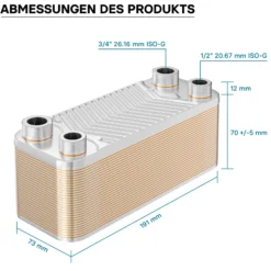 Wiltec Wärmetauscher 30 Platten, max. 66 kW, 4 m³/h 0,54 l je Durchgang, Plattenwärmetauscher aus Edelstahl als Wärmeüberträger