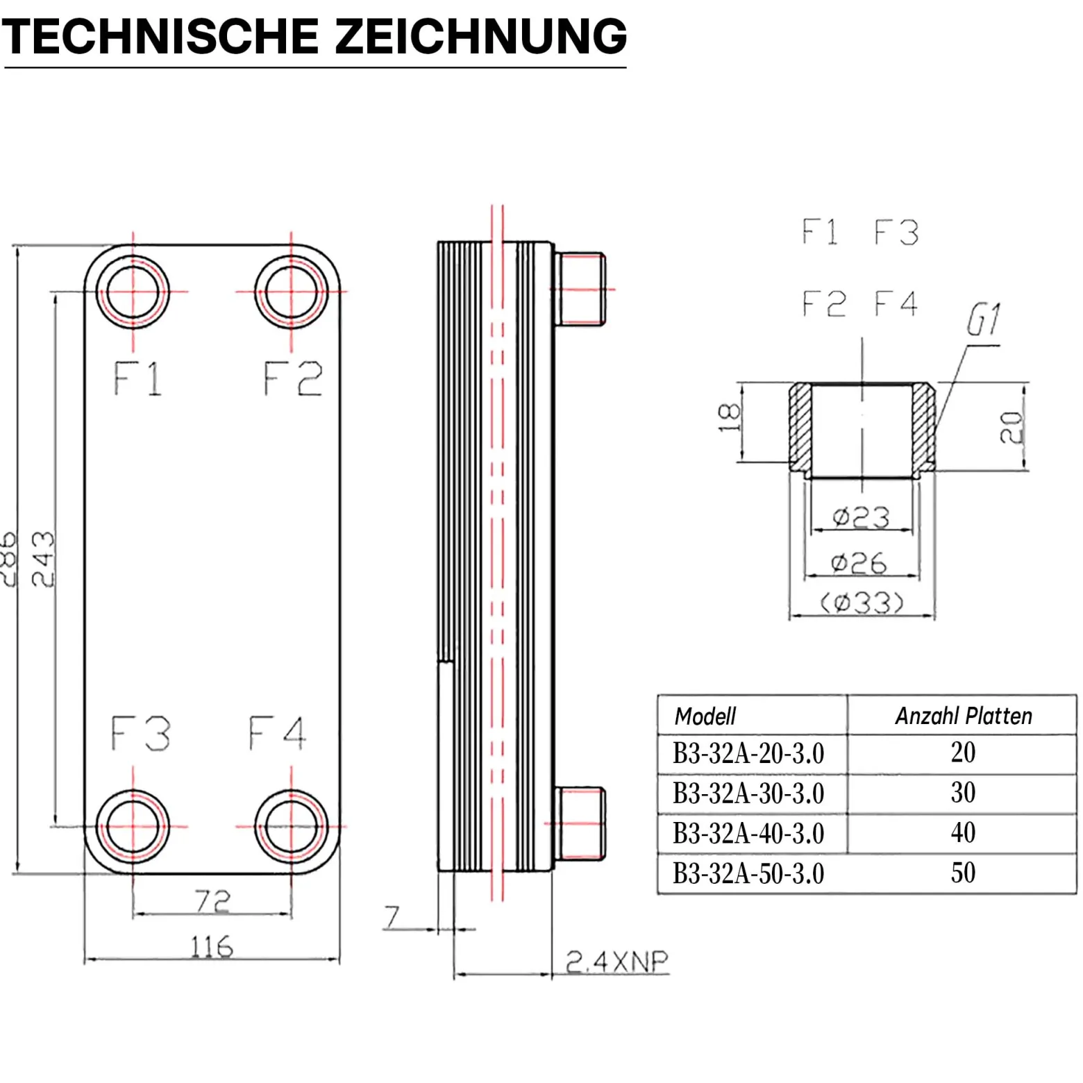 Wiltec Wärmetauscher 50 Platten, max. 285 kW, 12 m³/h 2,50 l je Durchgang, Plattenwärmetauscher aus Edelstahl als Wärmeüberträger