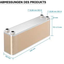 Wiltec Wärmetauscher 50 Platten, max. 550 kW, 22 m³/h 5,55 l je Durchgang, Plattenwärmetauscher aus Edelstahl als Wärmeüberträger