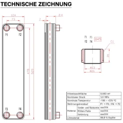 Wiltec Wärmetauscher 50 Platten, max. 550 kW, 22 m³/h 5,55 l je Durchgang, Plattenwärmetauscher aus Edelstahl als Wärmeüberträger