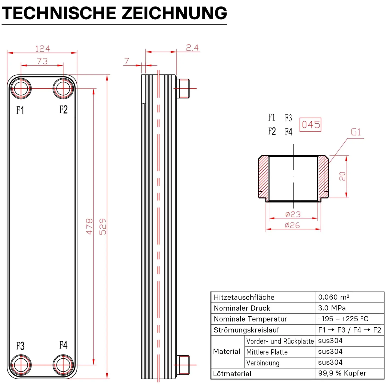 Wiltec Wärmetauscher 50 Platten, max. 550 kW, 22 m³/h 5,55 l je Durchgang, Plattenwärmetauscher aus Edelstahl als Wärmeüberträger