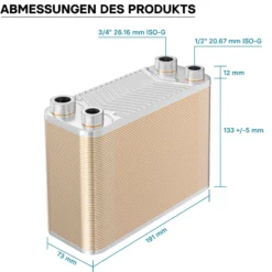 Wiltec Wärmetauscher 60 Platten, max. 130 kW, 4 m³/h 1,08 l je Durchgang, Plattenwärmetauscher aus Edelstahl als Wärmeüberträger