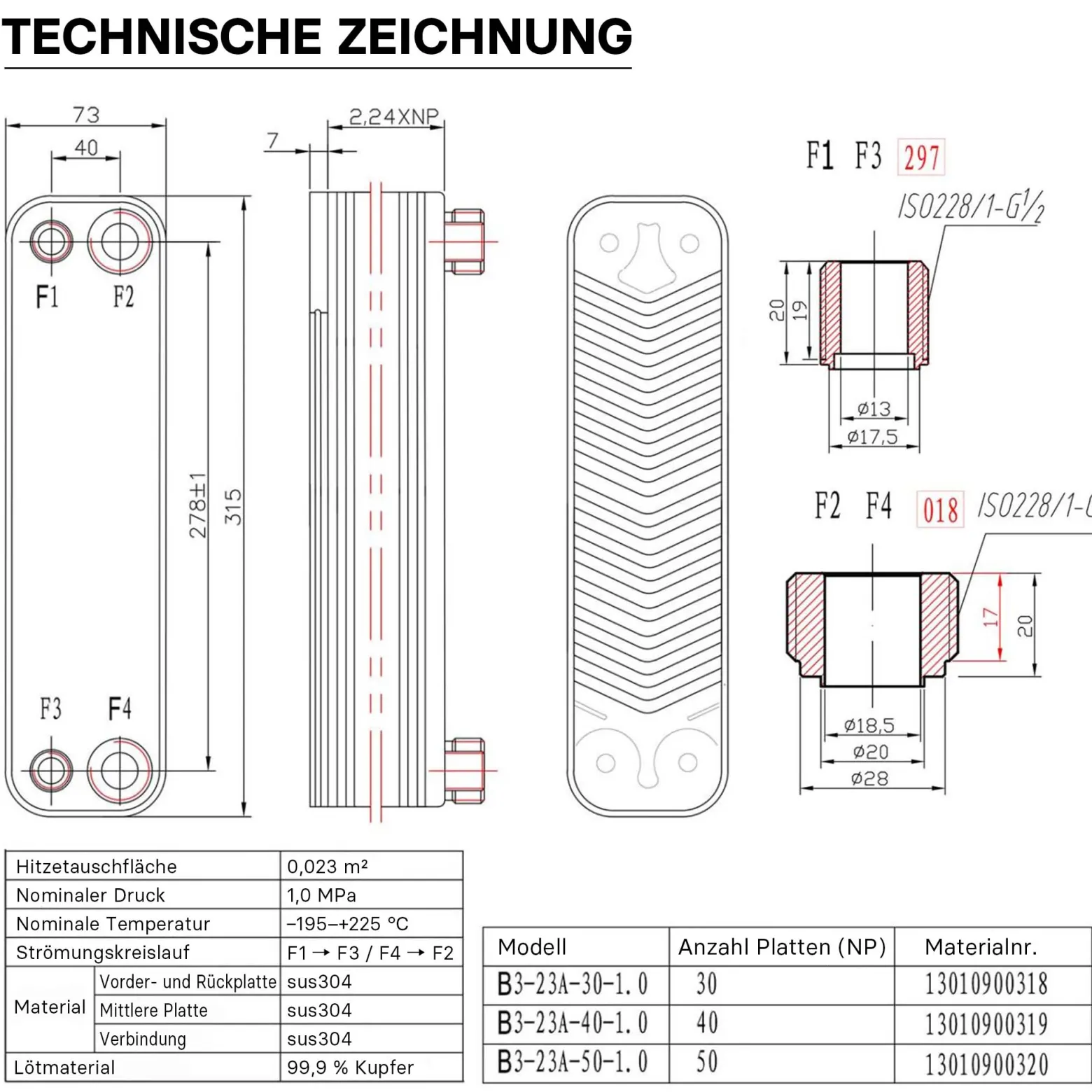 Wiltec Wärmetauscher 40 Platten, max. 165 kW, 4 m³/h 1,60 l je Durchgang, Plattenwärmetauscher aus Edelstahl als Wärmeüberträger