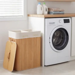 Wiltec Wäschebox 105 L natur Wäschekorb mit Deckel aus Bambus faltbare Wäschebox mit Leinensack mit 2 Fächern zum Sortieren von Schmutzwäsche