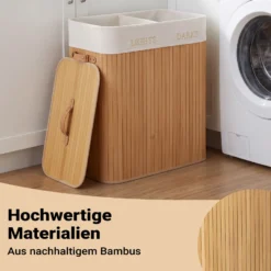 Wiltec Wäschebox 105 L natur Wäschekorb mit Deckel aus Bambus faltbare Wäschebox mit Leinensack mit 2 Fächern zum Sortieren von Schmutzwäsche