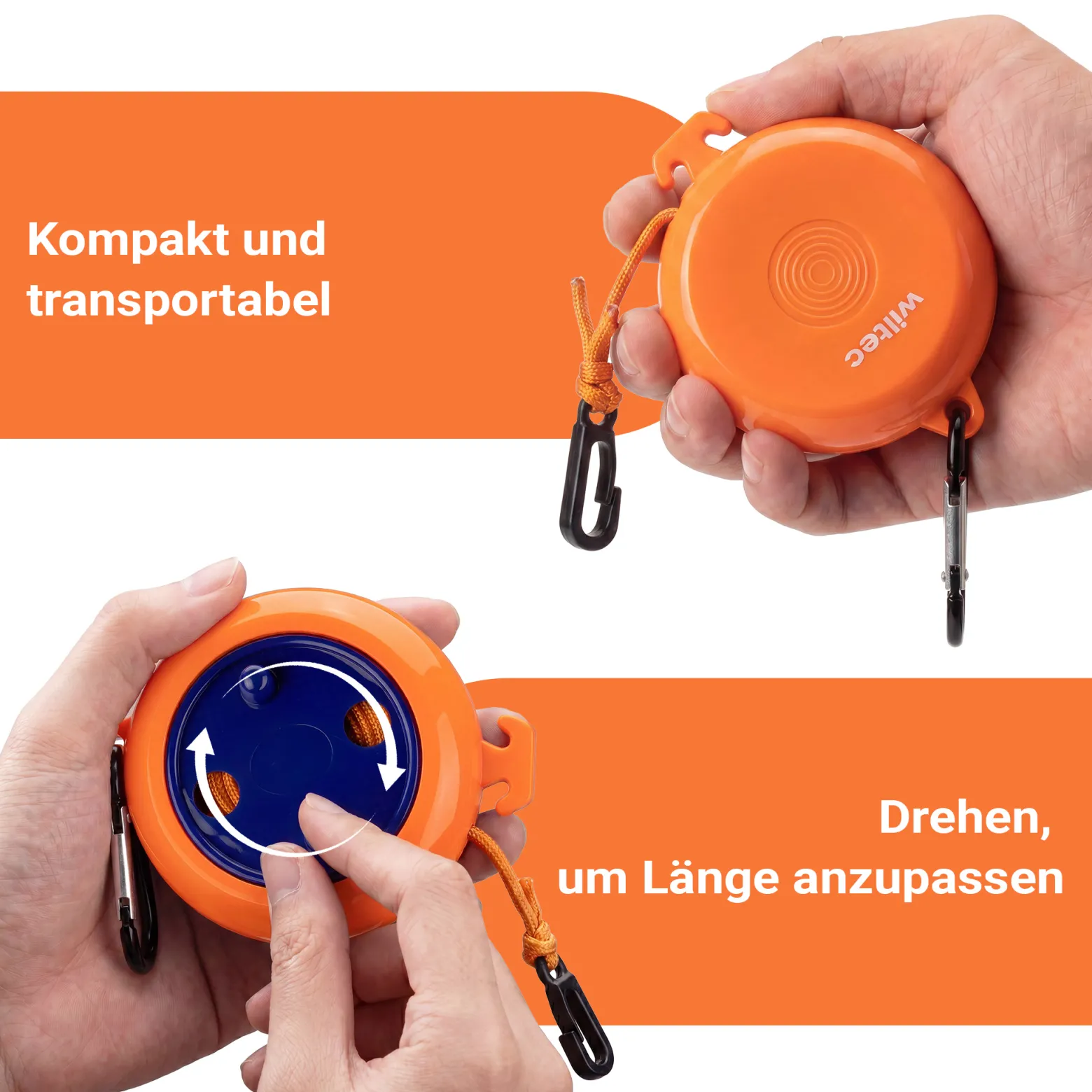Wiltec Wäscheleine ausziehbar orange 8 m, Camping Wäscheleine mit 20 Wäscheklammern, Outdoor Trockenleine bis 75 kg, Reisewäscheleine mit Clips und Transportbeutel