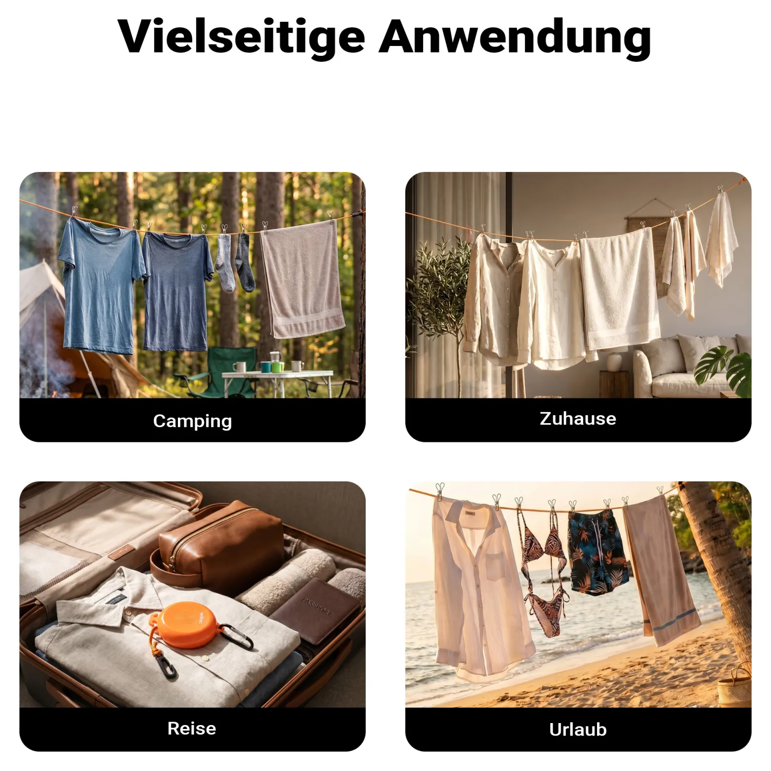 Wiltec Wäscheleine ausziehbar orange 8 m, Camping Wäscheleine mit 20 Wäscheklammern, Outdoor Trockenleine bis 75 kg, Reisewäscheleine mit Clips und Transportbeutel