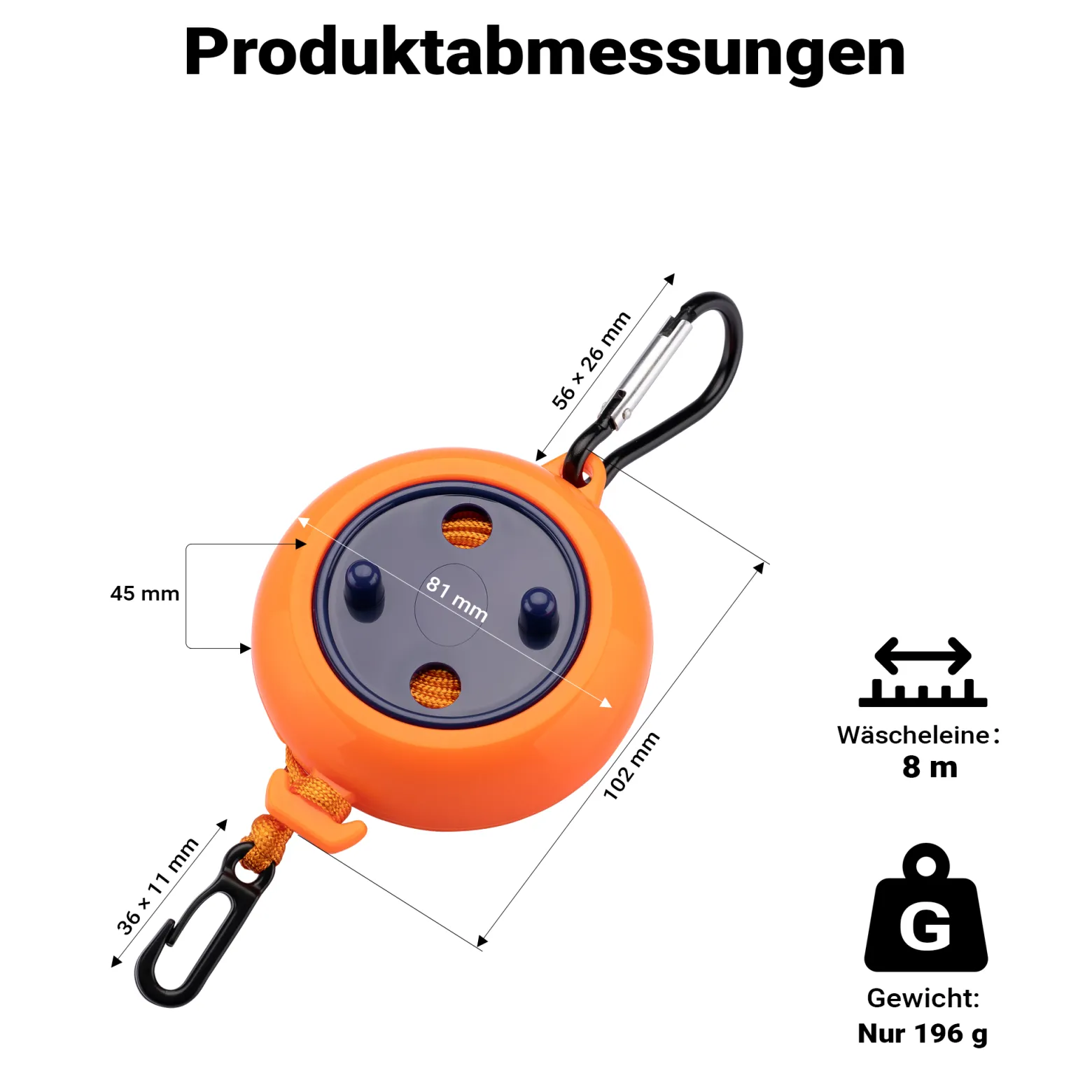 Wiltec Wäscheleine ausziehbar orange 8 m, Camping Wäscheleine mit 20 Wäscheklammern, Outdoor Trockenleine bis 75 kg, Reisewäscheleine mit Clips und Transportbeutel