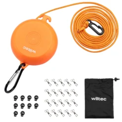 Wiltec Wäscheleine ausziehbar orange 8 m, Camping Wäscheleine mit 20 Wäscheklammern, Outdoor Trockenleine bis 75 kg, Reisewäscheleine mit Clips und Transportbeutel