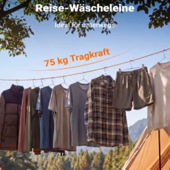 Wiltec Wäscheleine ausziehbar orange 8 m, Camping Wäscheleine mit 20 Wäscheklammern, Outdoor Trockenleine bis 75 kg, Reisewäscheleine mit Clips und Transportbeutel