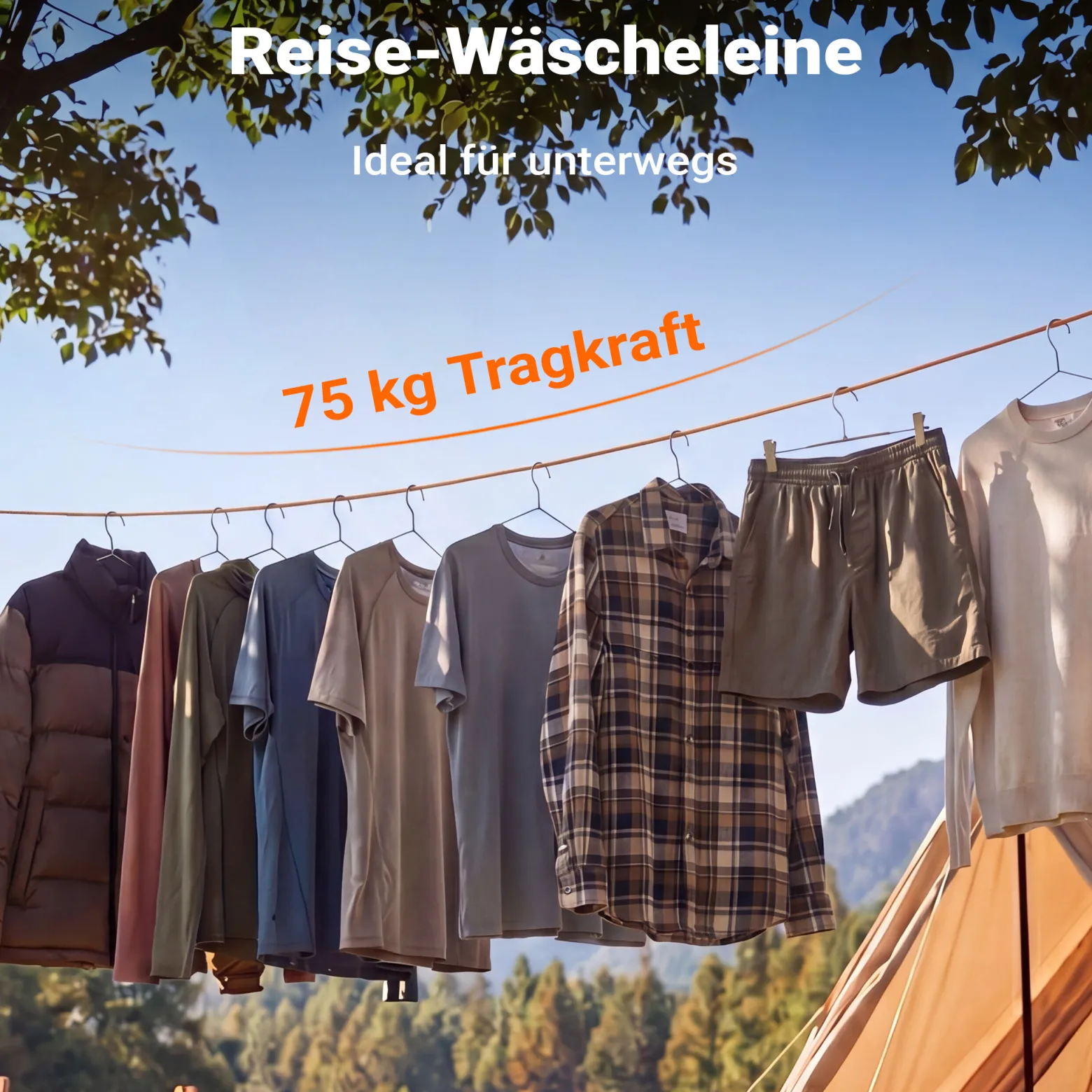Wiltec Wäscheleine ausziehbar orange 8 m, Camping Wäscheleine mit 20 Wäscheklammern, Outdoor Trockenleine bis 75 kg, Reisewäscheleine mit Clips und Transportbeutel