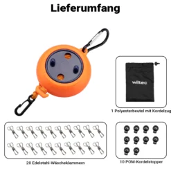 Wiltec Wäscheleine ausziehbar orange 8 m, Camping Wäscheleine mit 20 Wäscheklammern, Outdoor Trockenleine bis 75 kg, Reisewäscheleine mit Clips und Transportbeutel