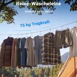 Wiltec Wäscheleine ausziehbar schwarz 10 m, Camping Wäscheleine mit 20 Wäscheklammern, Outdoor Trockenleine bis 75 kg, Reisewäscheleine mit Clips und Transportbeutel