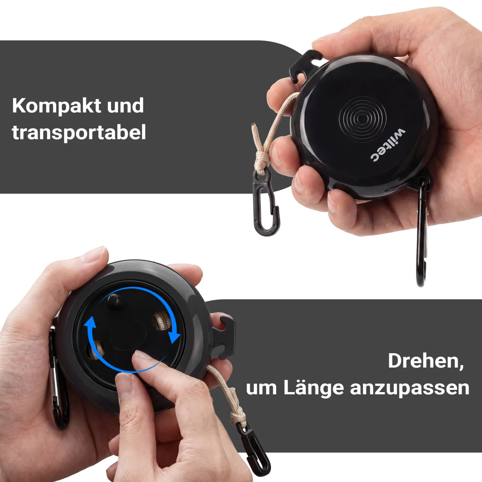 Wiltec Wäscheleine ausziehbar schwarz 10 m, Camping Wäscheleine mit 20 Wäscheklammern, Outdoor Trockenleine bis 75 kg, Reisewäscheleine mit Clips und Transportbeutel
