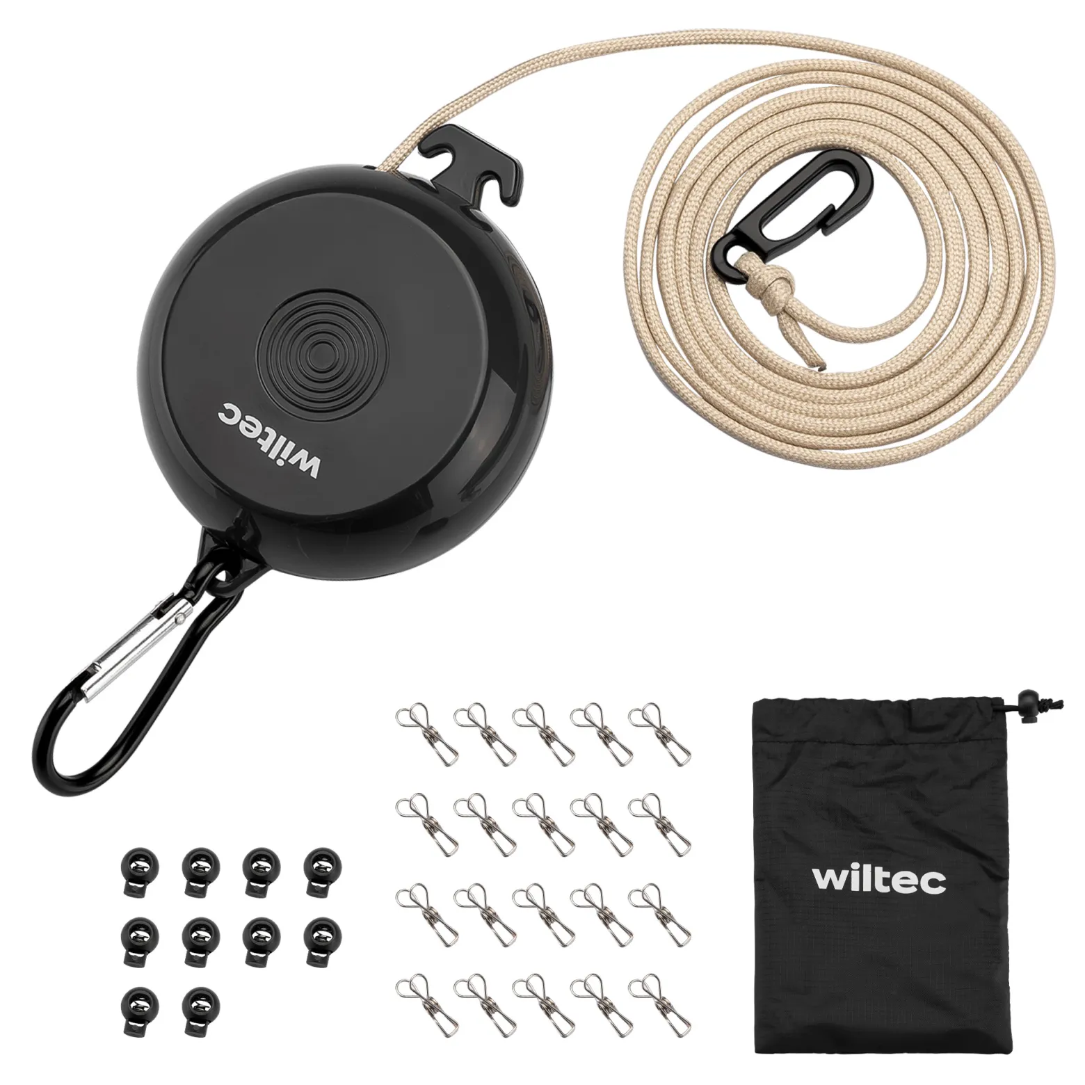Wiltec Wäscheleine ausziehbar schwarz 10 m, Camping Wäscheleine mit 20 Wäscheklammern, Outdoor Trockenleine bis 75 kg, Reisewäscheleine mit Clips und Transportbeutel