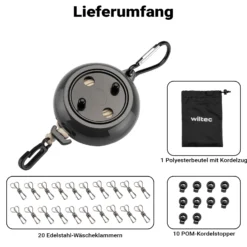 Wiltec Wäscheleine ausziehbar schwarz 10 m, Camping Wäscheleine mit 20 Wäscheklammern, Outdoor Trockenleine bis 75 kg, Reisewäscheleine mit Clips und Transportbeutel