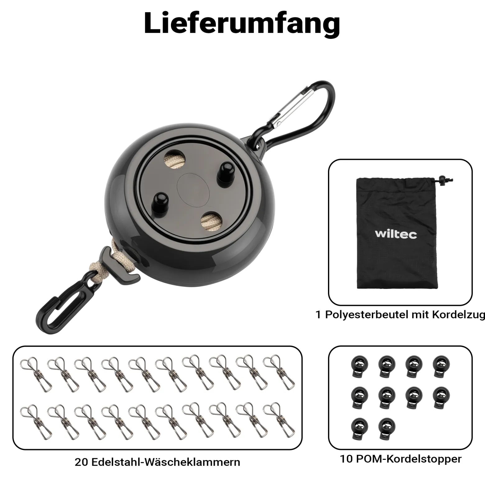 Wiltec Wäscheleine ausziehbar schwarz 10 m, Camping Wäscheleine mit 20 Wäscheklammern, Outdoor Trockenleine bis 75 kg, Reisewäscheleine mit Clips und Transportbeutel