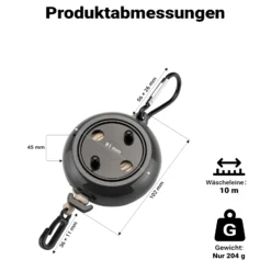 Wiltec Wäscheleine ausziehbar schwarz 10 m, Camping Wäscheleine mit 20 Wäscheklammern, Outdoor Trockenleine bis 75 kg, Reisewäscheleine mit Clips und Transportbeutel