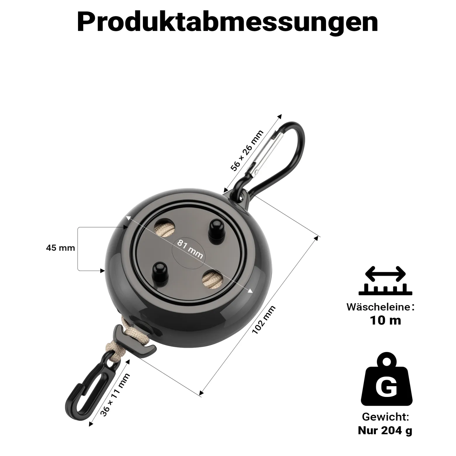 Wiltec Wäscheleine ausziehbar schwarz 10 m, Camping Wäscheleine mit 20 Wäscheklammern, Outdoor Trockenleine bis 75 kg, Reisewäscheleine mit Clips und Transportbeutel