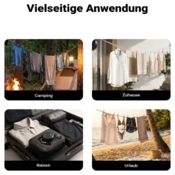 Wiltec Wäscheleine ausziehbar schwarz 10 m, Camping Wäscheleine mit 20 Wäscheklammern, Outdoor Trockenleine bis 75 kg, Reisewäscheleine mit Clips und Transportbeutel