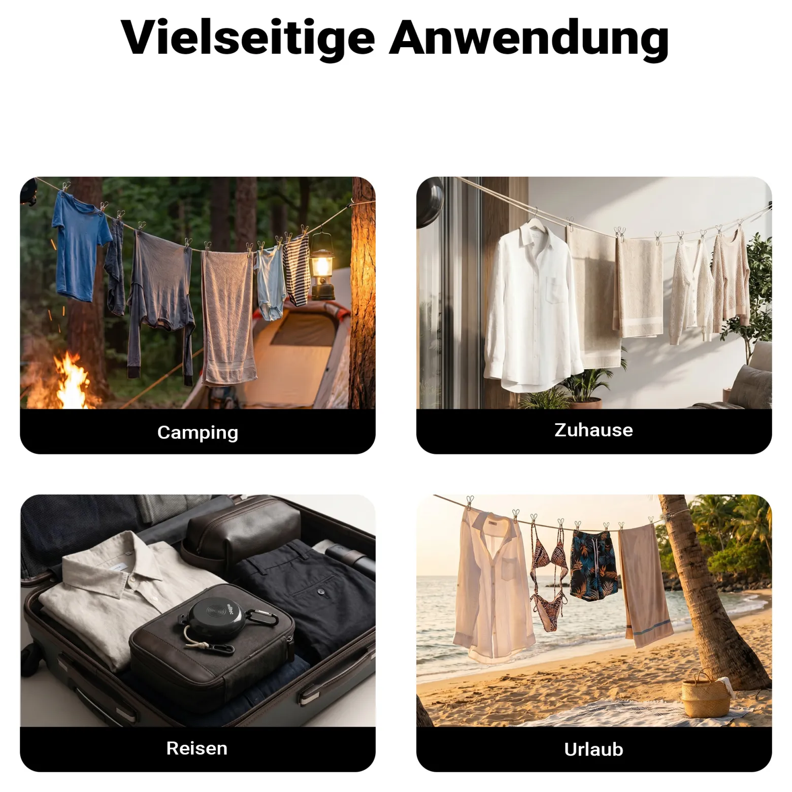 Wiltec Wäscheleine ausziehbar schwarz 10 m, Camping Wäscheleine mit 20 Wäscheklammern, Outdoor Trockenleine bis 75 kg, Reisewäscheleine mit Clips und Transportbeutel
