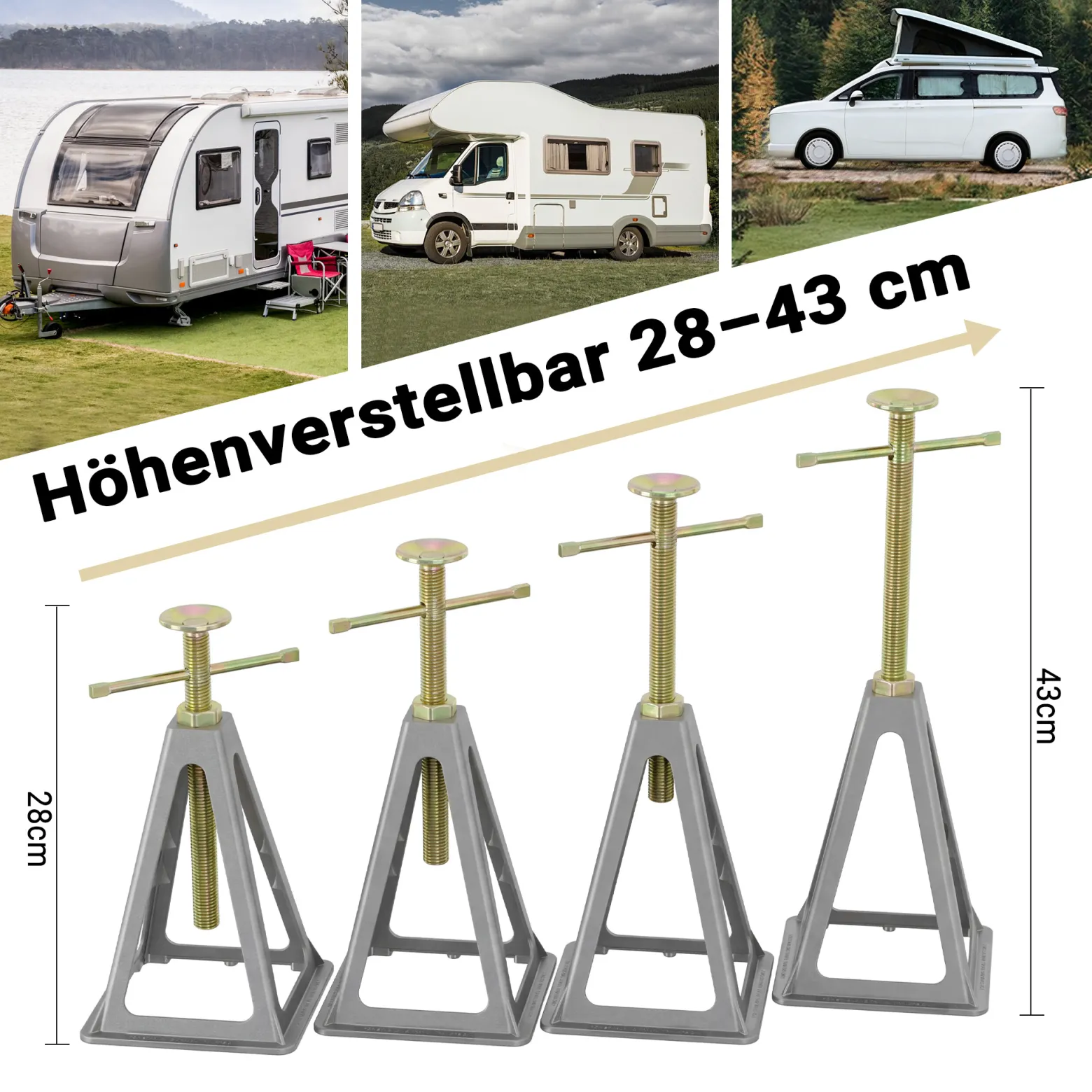 Wiltec 4x Aluminium Stützböcke für Wohnwagen und Anhänger, 160 x 160 x 280 mm, Stützbock höhenverstellbar 28-43 cm, Unterstellbock