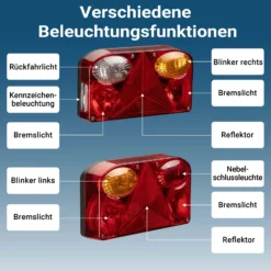 Wiltec 2x Anhänger Rückleuchten 12V 13-poliger Stecker mit 5 Funktionen inkl. Kabel (5 m), Adapter für PKW Anhänger mit 5 Funktionen