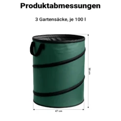 Wiltec 3x Laubsack rund 100l Grün Pop Up Faltbar 600D-Oxford-Polyester Abfallsammlung Rasensack Robust Gartenabfälle