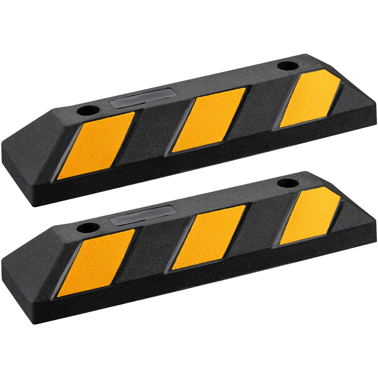 Wiltec 2x Radstopper mit Reflektoren 550 x 150 x 100 mm, Parkplatzbegrenzung aus Ebonite-Hartkautschuk, Einparkhilfe zur Bodenmontage, Überfahrschutz