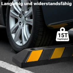 Wiltec 2x Radstopper mit Reflektoren 550 x 150 x 100 mm, Parkplatzbegrenzung aus Ebonite-Hartkautschuk, Einparkhilfe zur Bodenmontage, Überfahrschutz