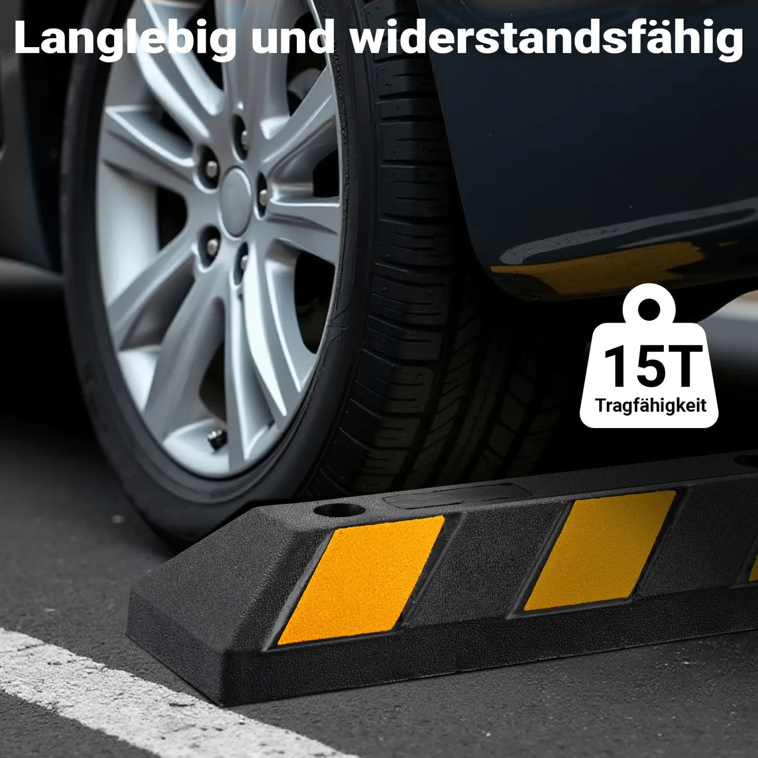 Wiltec 2x Radstopper mit Reflektoren 550 x 150 x 100 mm, Parkplatzbegrenzung aus Ebonite-Hartkautschuk, Einparkhilfe zur Bodenmontage, Überfahrschutz