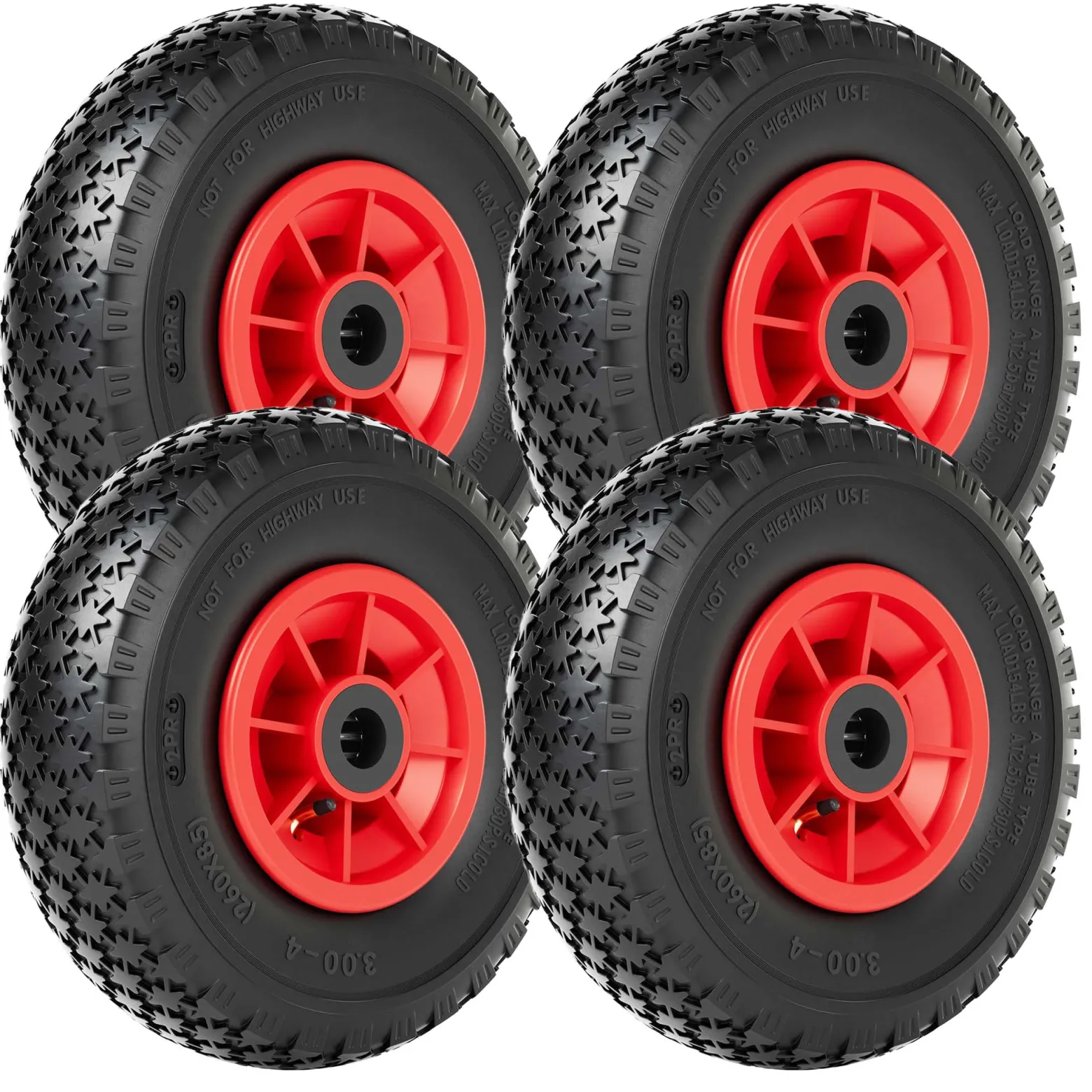 Wiltec 4x Rad 3.00-4 85 x 260 mm 90 kg, HT2046 Schubkarren Komplettrad mit Kunststofffelge, Winkelventil, Luftreifen für Sackkarre, Bollerwagen u.a .