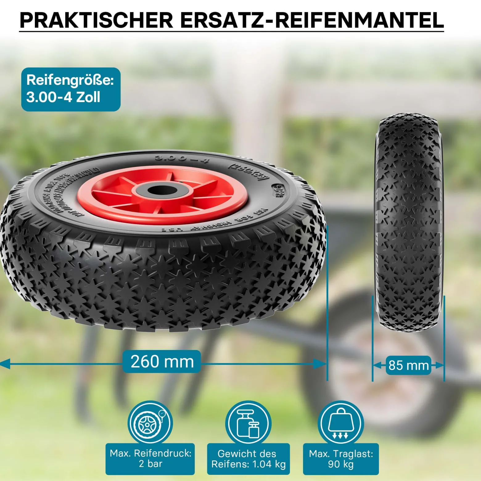 Wiltec 2x Rad 3.00-4 85 x 260 mm 90 kg, HT2046 Schubkarren Komplettrad mit Kunststofffelge, Winkelventil, Luftreifen für Sackkarre, Bollerwagen u.a .