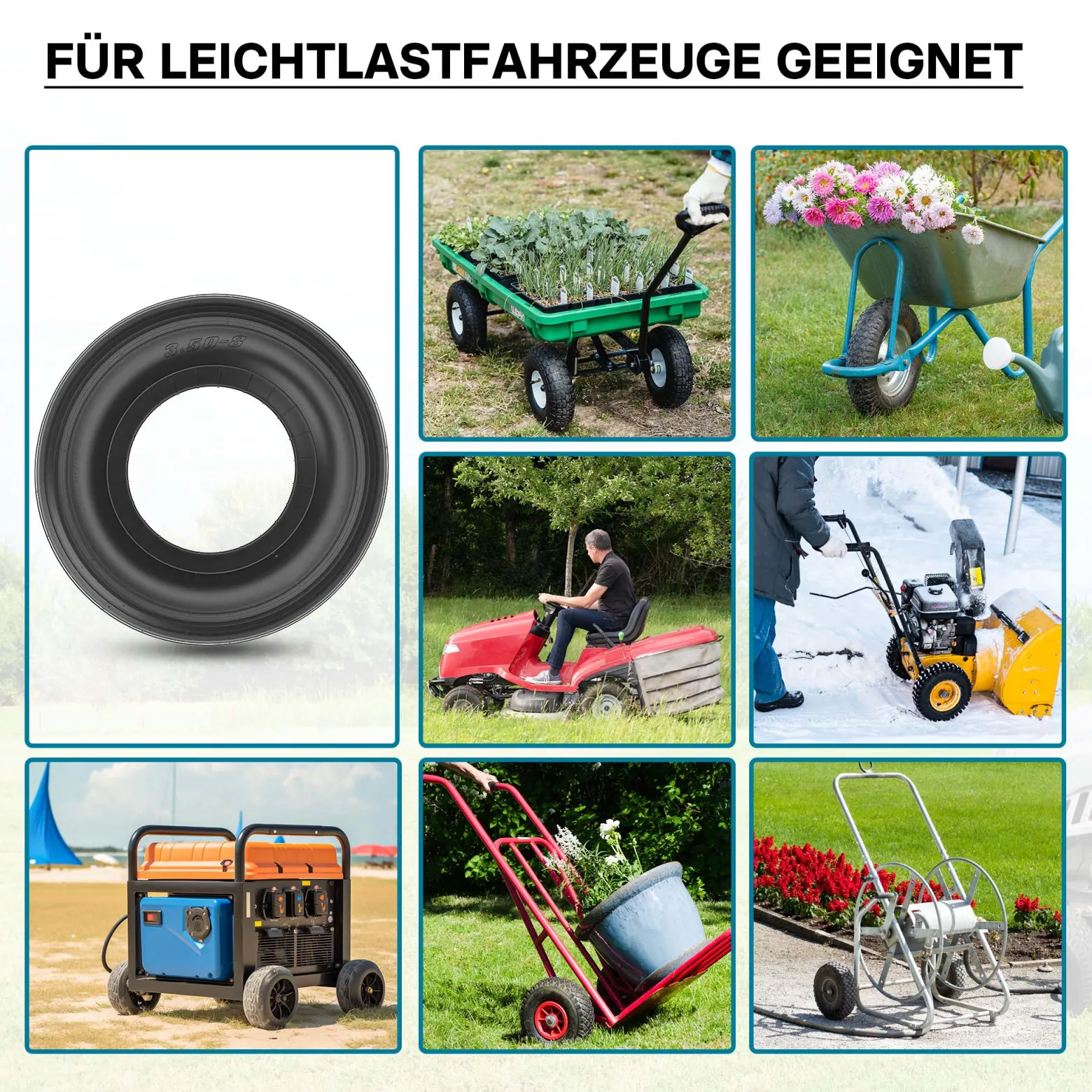 Wiltec 4x Reifenmantel 3.50-8 350 x 100 mm, 130 kg für Schubkarrenreifen, Schubkarre Rad Reifen, Mantel Luftrad