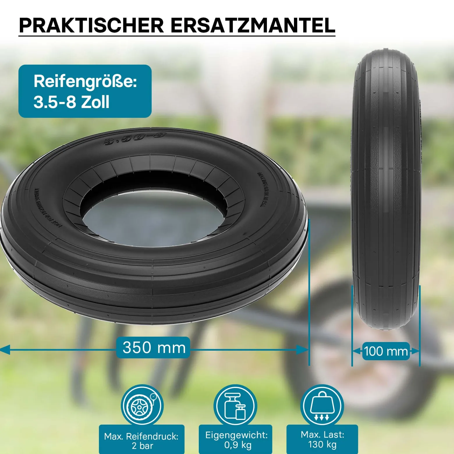 Wiltec 4x Reifenmantel 3.50-8 350 x 100 mm, 130 kg für Schubkarrenreifen, Schubkarre Rad Reifen, Mantel Luftrad