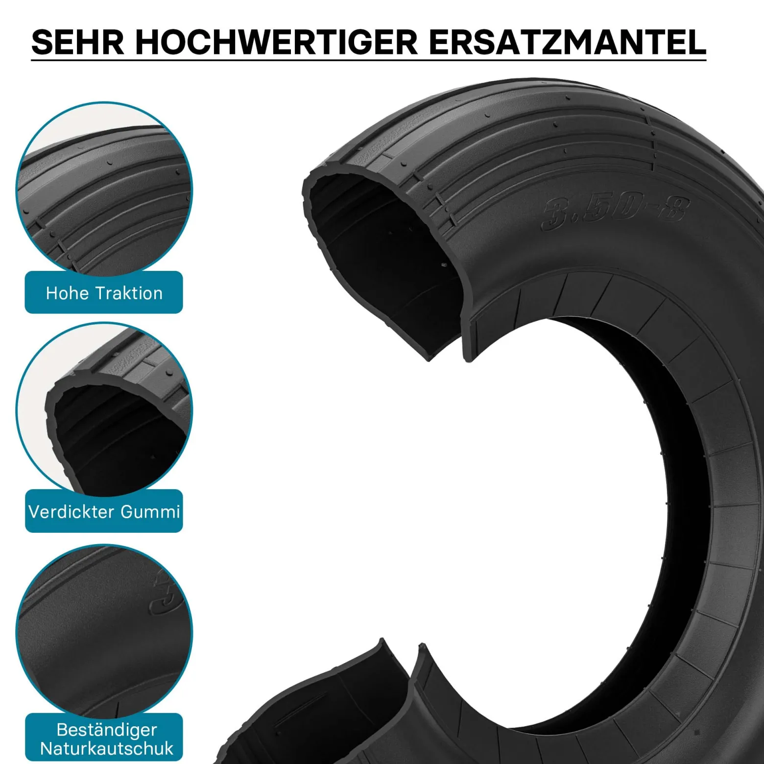 Wiltec 4x Reifenmantel 3.50-8 350 x 100 mm, 130 kg für Schubkarrenreifen, Schubkarre Rad Reifen, Mantel Luftrad