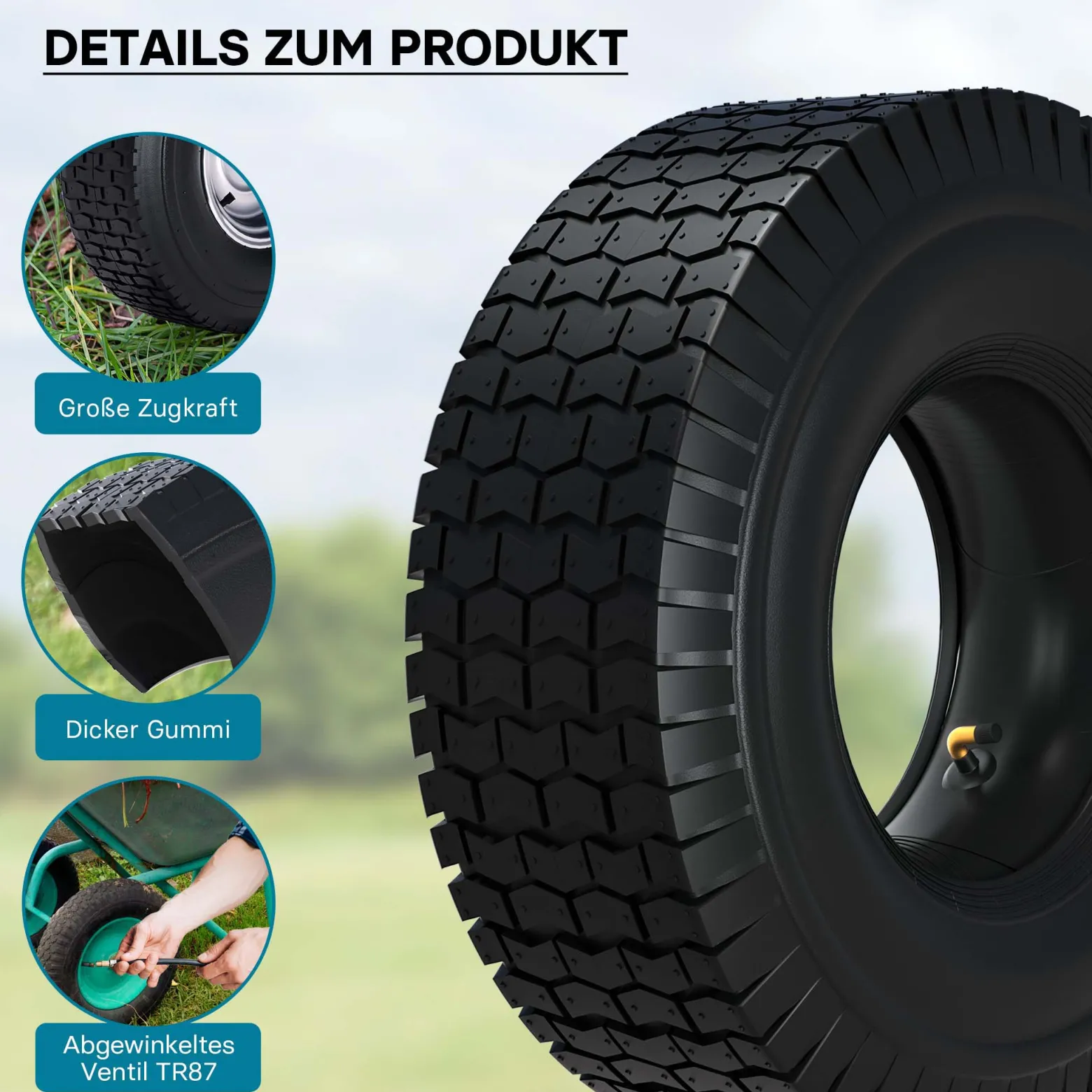Wiltec 2x Reifenmantel 2x Schlauch für Aufsitzmäher/Rasentraktor 16x6.50-8 4PR Winkelventil