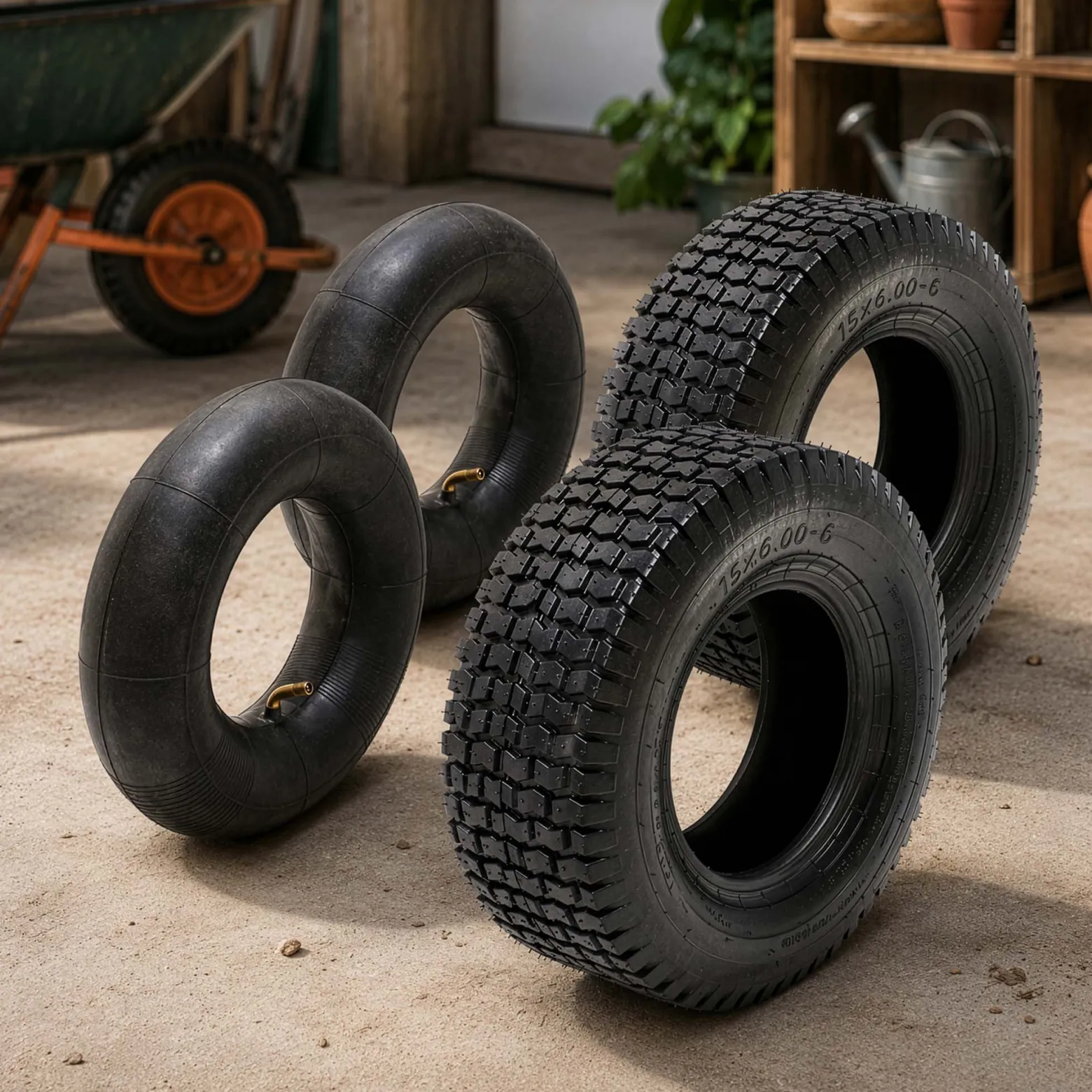 Wiltec 2x Reifenmantel 2x Schlauch für Aufsitzmäher/Rasentraktor 15x6.00-6 4PR Winkelventil