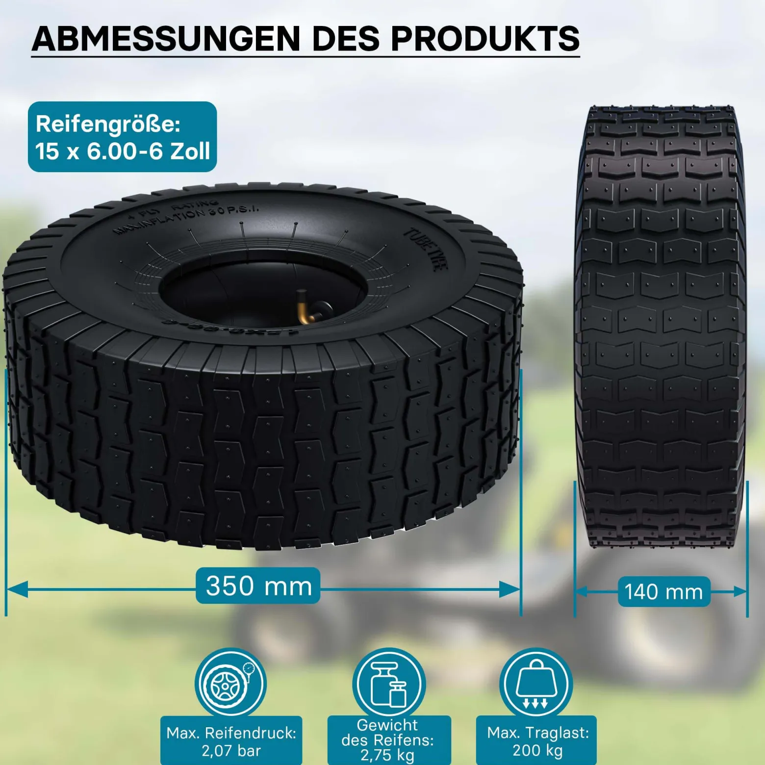 Wiltec 2x Reifenmantel 2x Schlauch für Aufsitzmäher/Rasentraktor 15x6.00-6 4PR Winkelventil