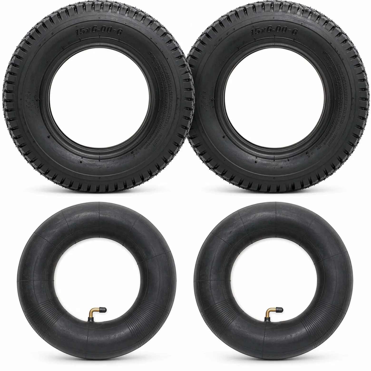 Wiltec 2x Reifenmantel 2x Schlauch für Aufsitzmäher/Rasentraktor 15x6.00-6 4PR Winkelventil