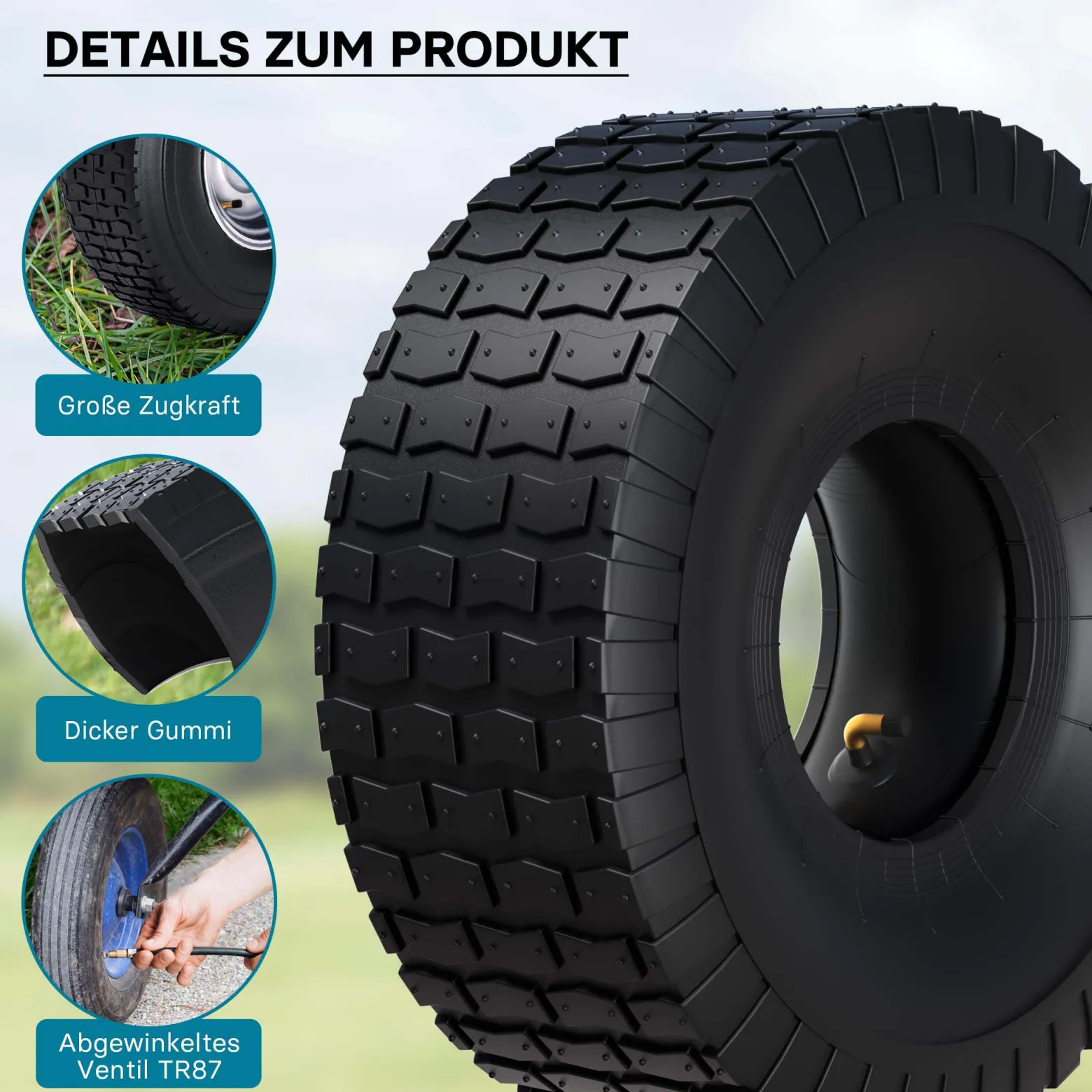 Wiltec 2x Reifenmantel 2x Schlauch für Aufsitzmäher/Rasentraktor 15x6.00-6 4PR Winkelventil