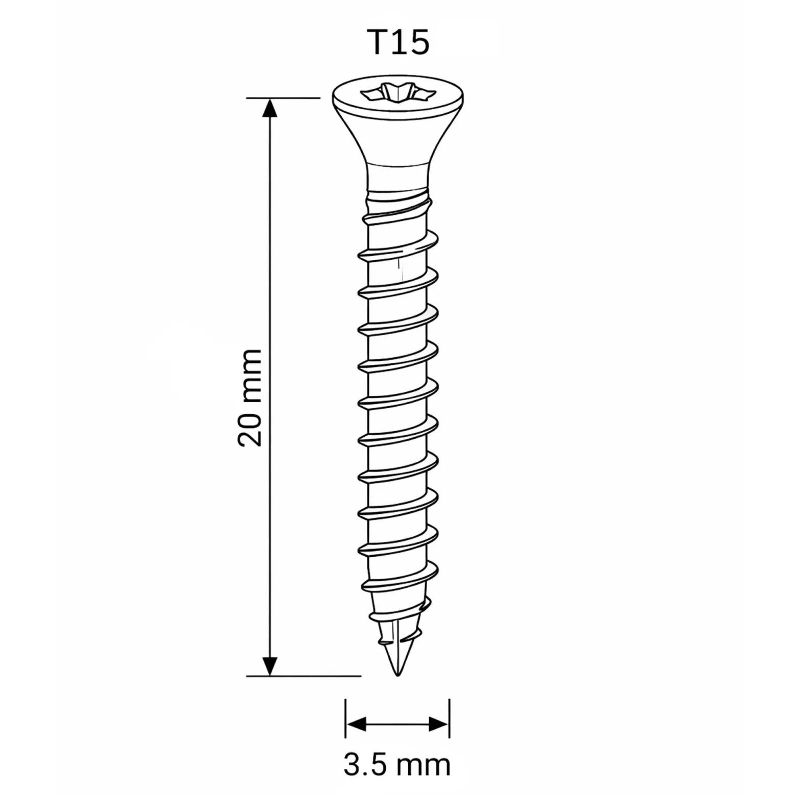 Wiltec 60x Schrauben 3,5 x 20 mm Sechsrund T15 Selbstschneidend Senkkopf – Edelstahl – für alle Schraubarbeiten, z. B. Terrassendielen und Montageclips