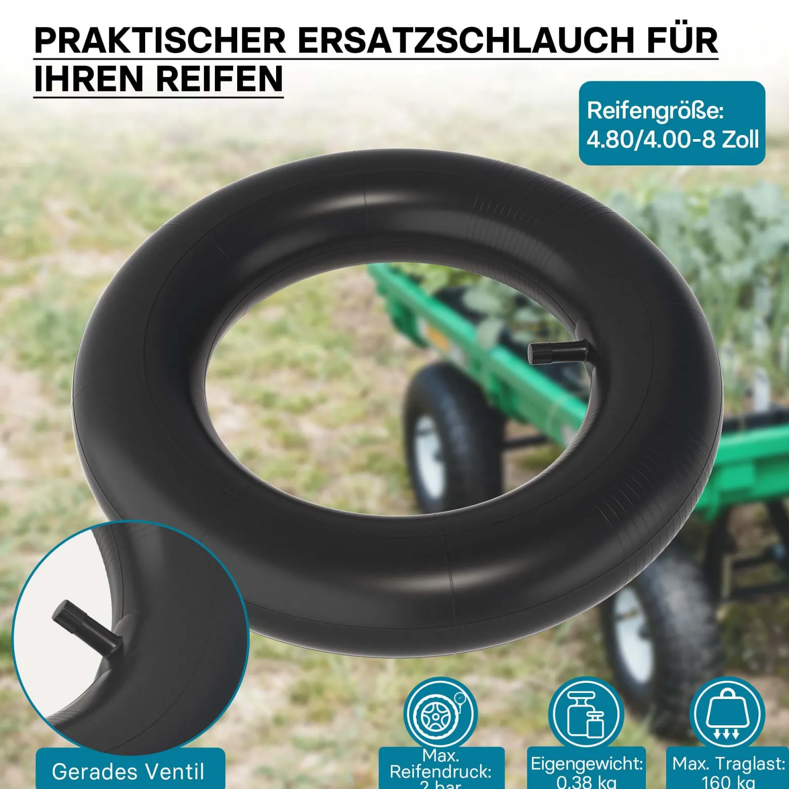 Wiltec 4x Standard Schlauch für Reifen Größe 4.00-8, bis 160 kg Traglast, mit geradem Ventil TR13 für Schubkarren, Sackkarren und E-Scooter