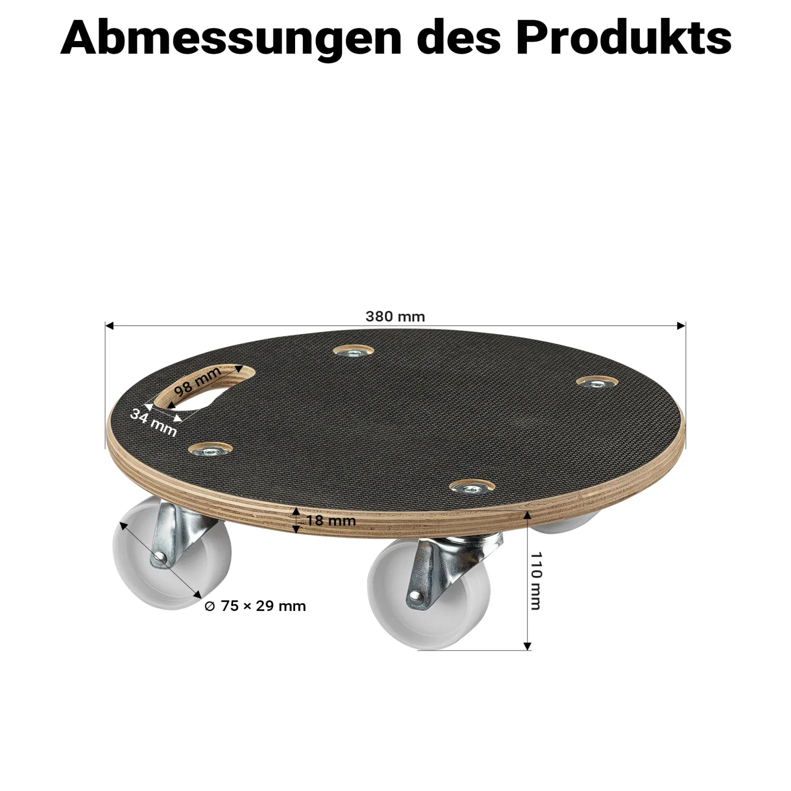 Wiltec 2x Transportroller 380 x 110 mm rund 250 kg Traglast je Möbelroller, Rollbrett aus Holz mit 4 Lenkrollen