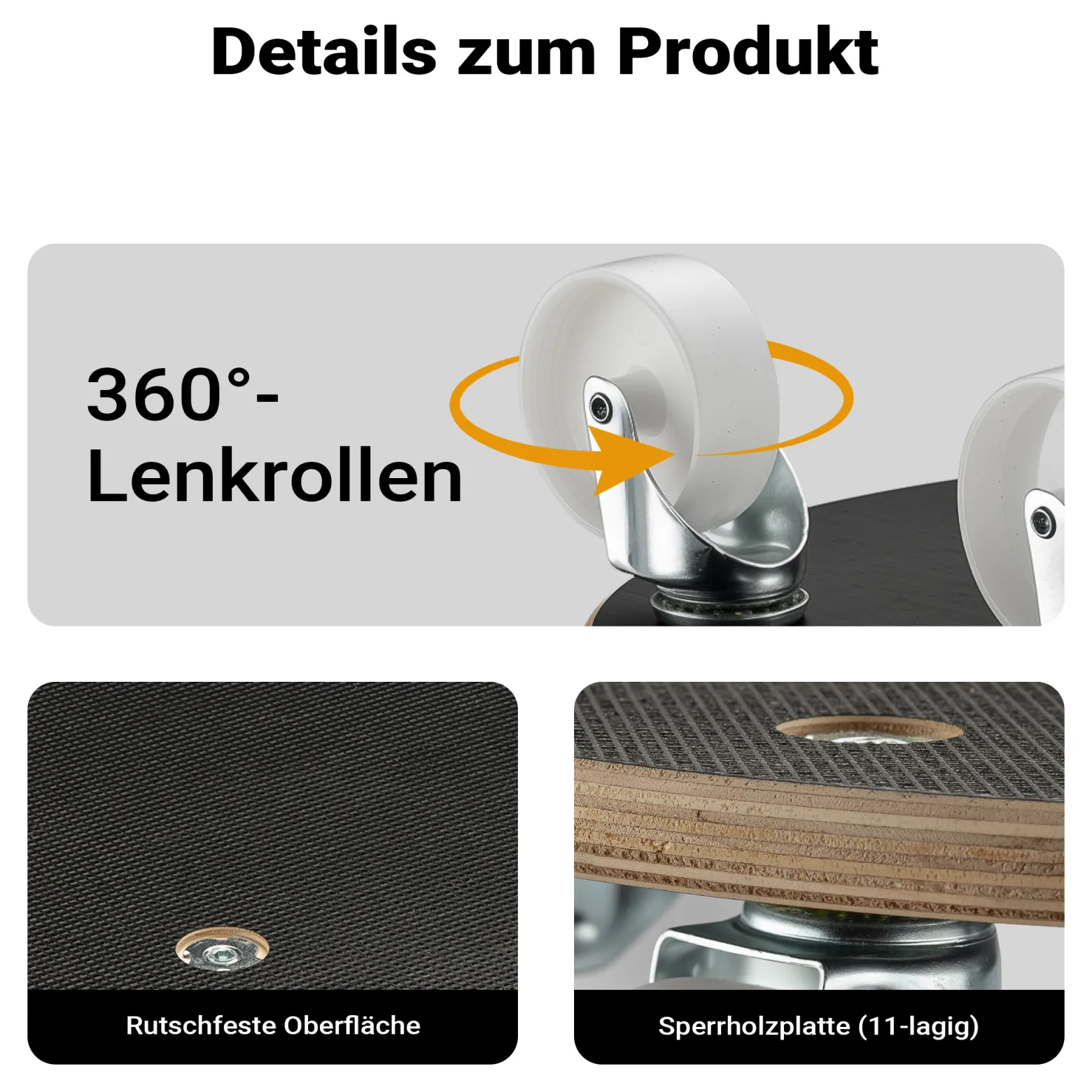 Wiltec 2x Transportroller 380 x 110 mm rund 250 kg Traglast je Möbelroller, Rollbrett aus Holz mit 4 Lenkrollen