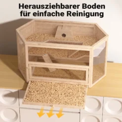 Wiltec XXL 3 Etagen Nagerkäfig, 6-eckig, 1150 x 600 x 580 mm, aus Holz, mit klappbarem Deckel & Sichtfenster, Kleintierhaus Mäusekäfig Hamsterkäfig