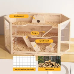 Wiltec XXL 3 Etagen Nagerkäfig, 6-eckig, 1150 x 600 x 580 mm, aus Holz, mit klappbarem Deckel & Sichtfenster, Kleintierhaus Mäusekäfig Hamsterkäfig